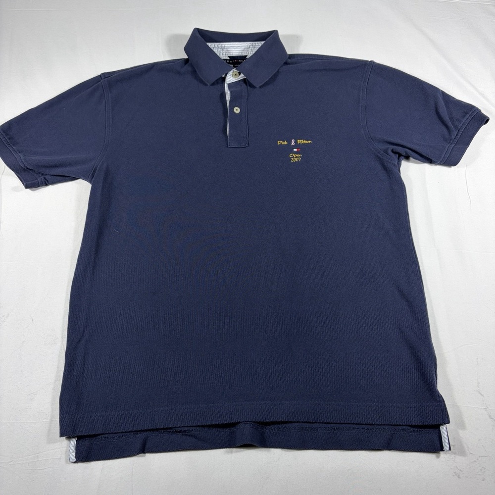Tommy‎ Hilfiger Polo Shirt Mens L Blue Pink Ribbon Open 2007 Cotton Golf